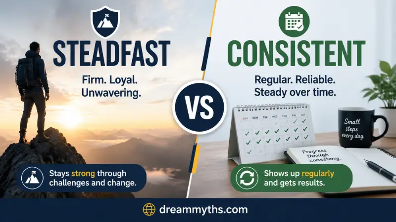 Steadfast vs Consistent comparison showing the difference between unwavering commitment and regular dependable actions