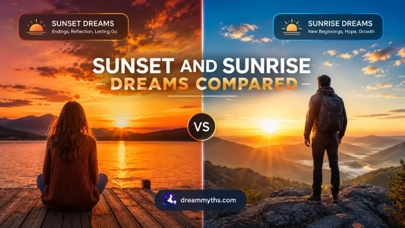 Sunset and sunrise dreams compared with symbolic scenes of reflection, endings, hope, and new beginnings