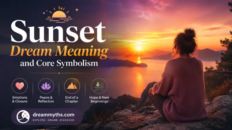 Sunset dream meaning and core symbolism with a peaceful lake and reflective dreamer