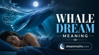 Whale dream meaning illustration showing a peaceful sleeper, ocean waves, and a whale under a moonlit sky