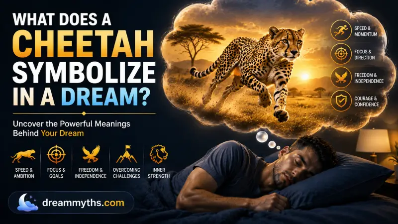 What Does a Cheetah Symbolize in a Dream showing a sleeping man dreaming of a cheetah in a golden savanna