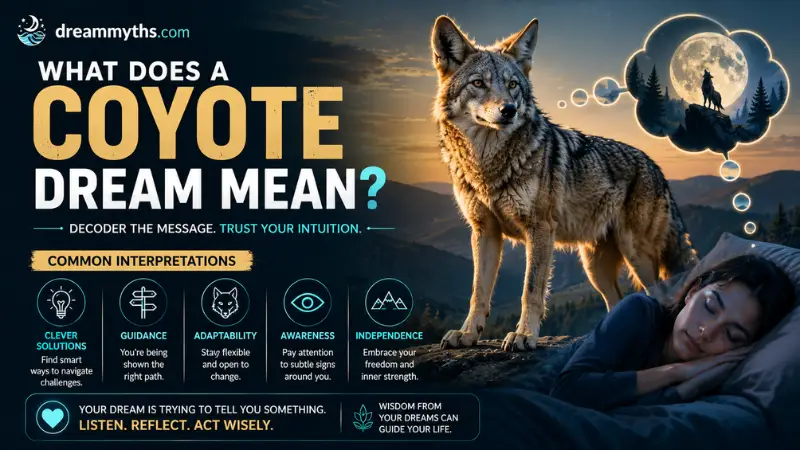 What does a coyote dream mean, shown with a coyote under moonlight and a sleeping woman, symbolizing intuition, guidance, and adaptability.
