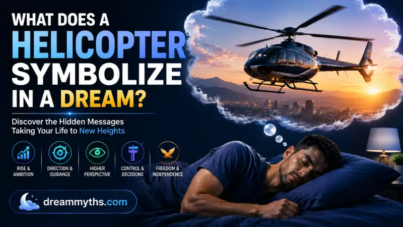 What Does a Helicopter Symbolize in a Dream showing a sleeping man dreaming of a helicopter over a city at sunset