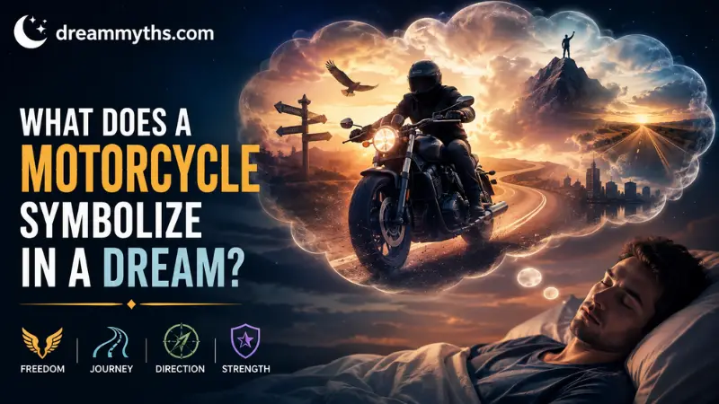 Dream scene showing a motorcycle rider on a winding road with symbols of freedom, direction, strength, and life journey