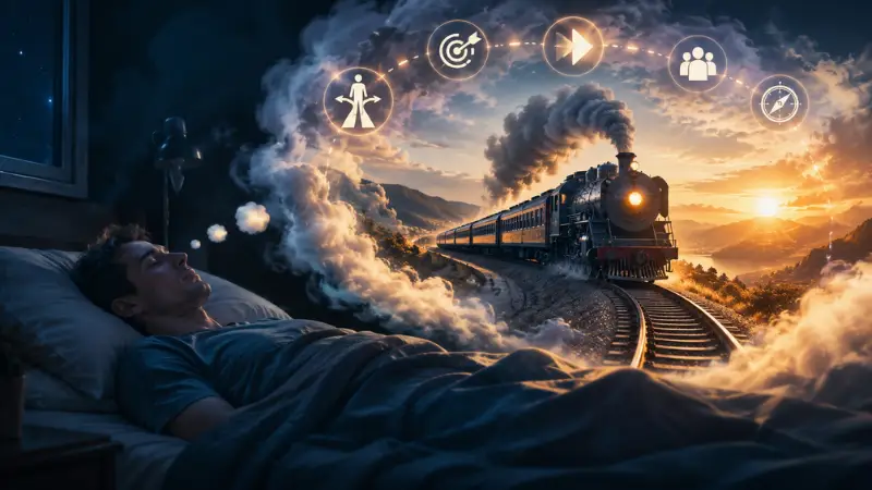 Sleeping dreamer imagining a train journey through a glowing landscape with symbols of direction, goals, and life choices