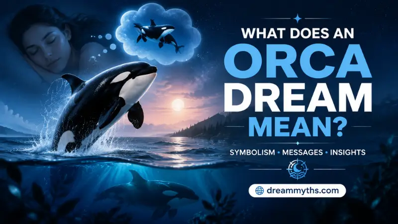 What Does an Orca Dream Mean graphic featuring a breaching orca, ocean scene, and dream symbolism