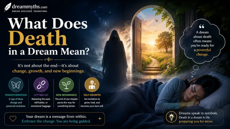What does death in a dream mean graphic showing a sleeping woman, dream doorway, and symbols of transformation and new beginnings