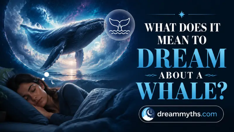 Dream interpretation graphic showing a whale in a moonlit ocean dream with a sleeping person and celestial imagery