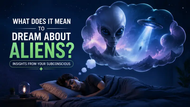 Sleeping person dreaming about aliens, a UFO, and a mysterious cosmic landscape