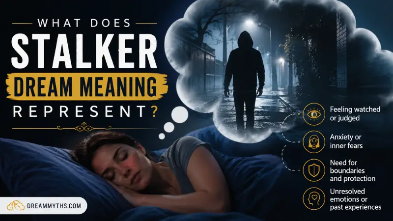 Stalker dream meaning graphic showing a sleeping woman and a shadowy figure in a nighttime dream