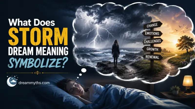 Sleeping dreamer imagining a storm with signs for change, emotions, challenges, growth, and renewal