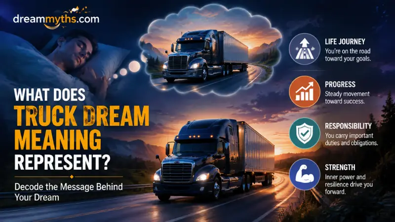 Truck dream meaning graphic showing a dreamer, a truck journey, and symbolic themes of progress, responsibility, and life direction