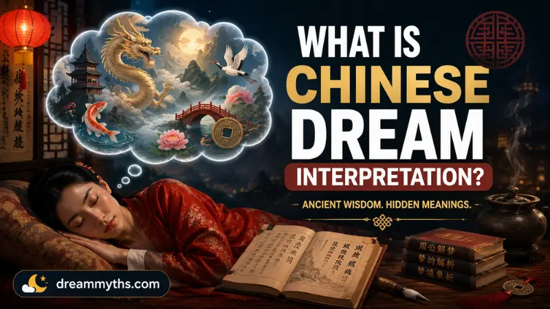 Sleeping woman with a Chinese dream featuring a dragon, pagoda, koi, crane, lotus, and traditional symbols