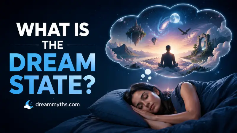 What Is the Dream State showing a sleeping person experiencing a vivid dream world