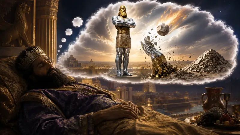 Nebuchadnezzar sleeping as his biblical dream reveals a towering statue and falling stone