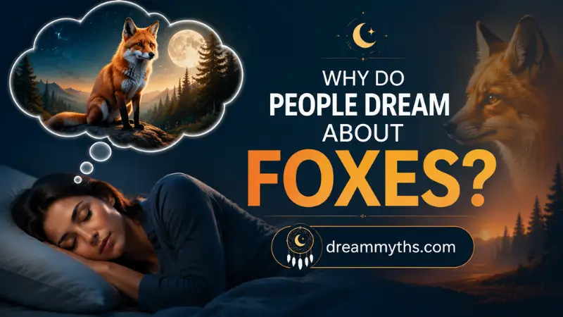 Dream interpretation graphic showing a sleeping person, a fox vision, and a moonlit dream landscape