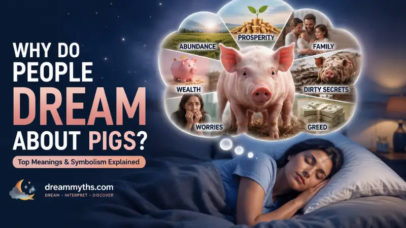Sleeping woman dreaming about pigs with symbols of wealth, abundance, worries, and family