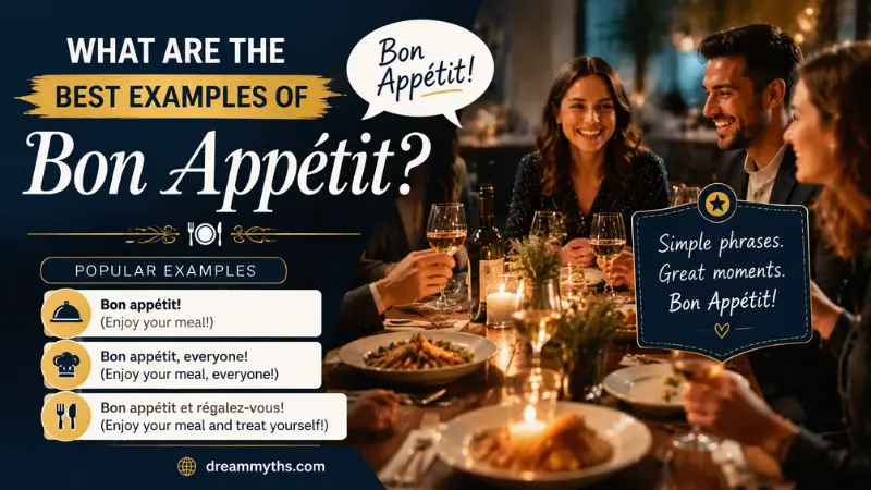 Group dining scene showing common examples of bon appétit phrases and their meanings