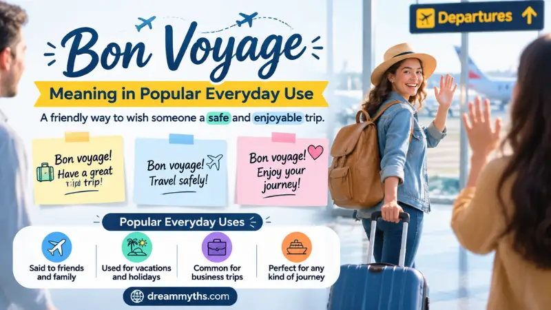 Bon Voyage meaning explained with an airport farewell scene showing travel, greetings, and everyday usage examples
