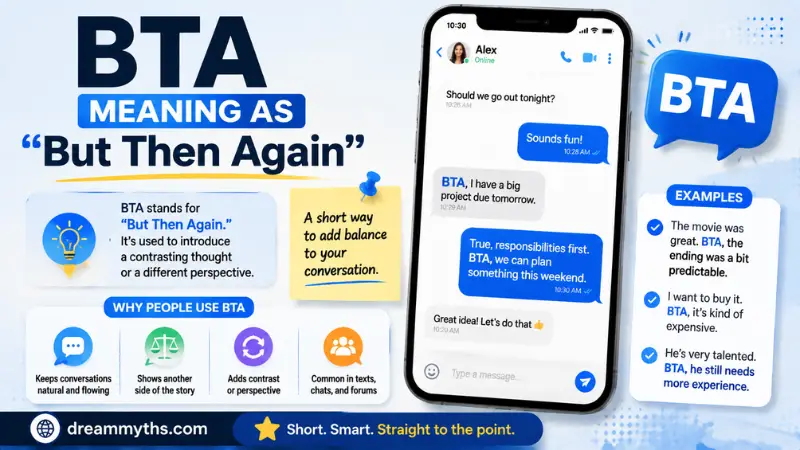 BTA meaning as But Then Again explained with text examples and chat usage