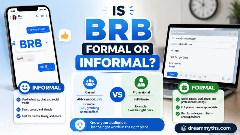 Is BRB formal or informal explained with casual texting and professional communication examples