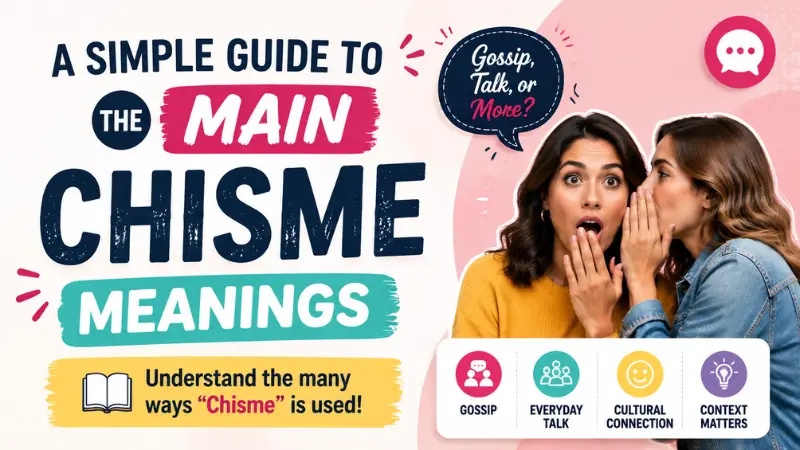A Simple Guide to the Main Chisme Meanings graphic showing friends talking and explaining different uses of the Spanish slang term