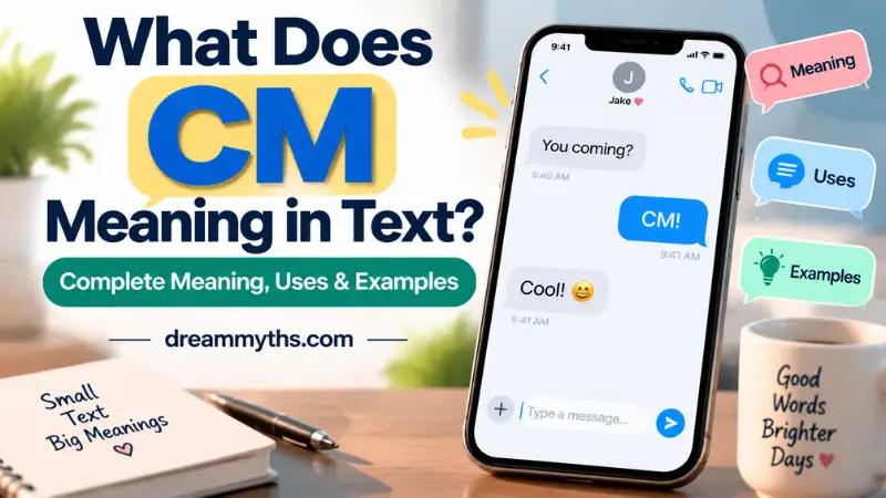 What Does CM Meaning in Text explained with a smartphone chat graphic showing slang usage, meanings, and examples.