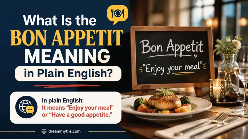 Restaurant infographic explaining the bon appetit meaning in plain English with the phrase enjoy your meal