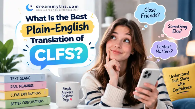 Graphic explaining the best plain-English translation of CLFS with a smartphone, text slang examples, and clear meaning concepts.