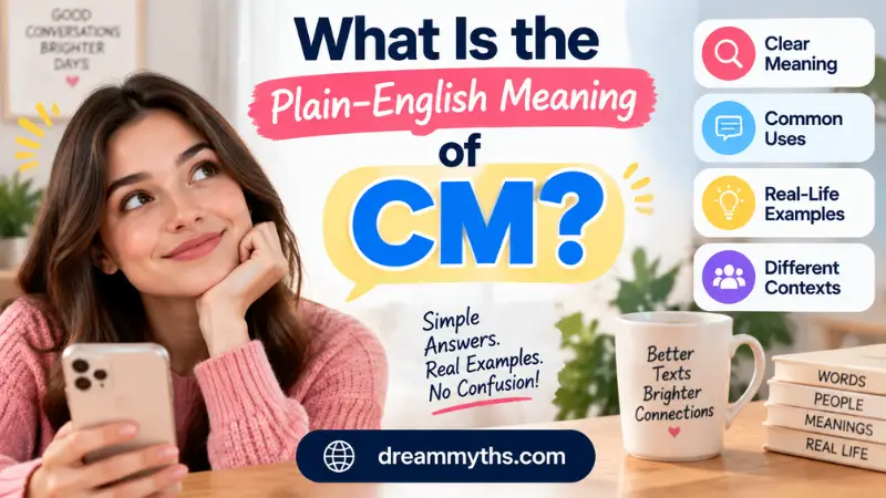 What Is the Plain-English Meaning of CM explained with a modern smartphone graphic, chat theme, and simple language examples.