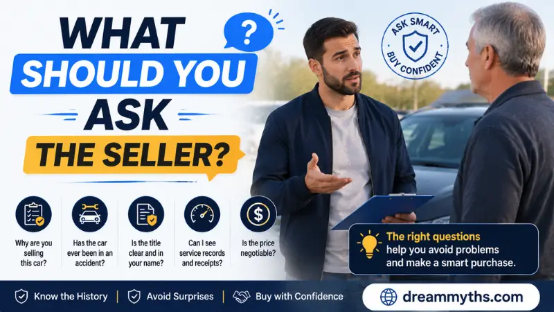 What should you ask the seller when buying a used car, including history, title, and maintenance questions